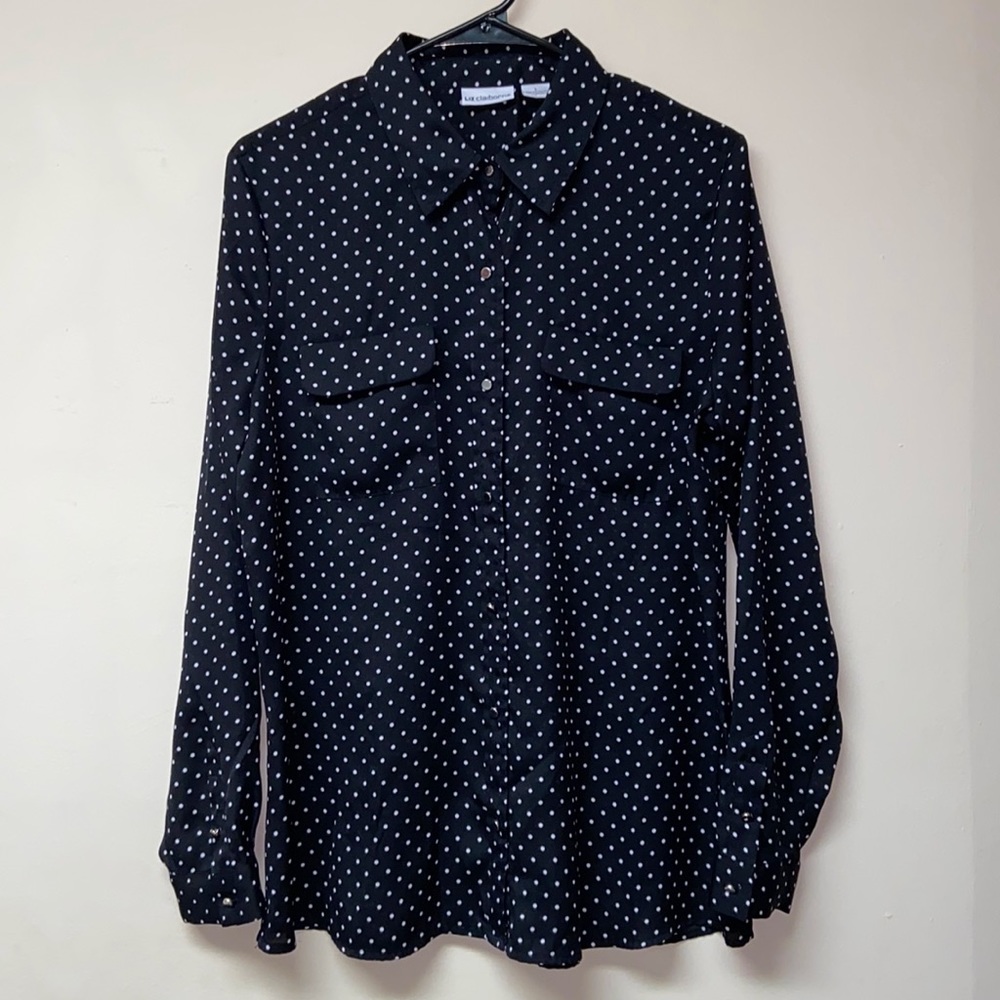 Liz Claiborne Polka Dot Soft Lightweight Button Down Long-Sleeve Large Top Shirt